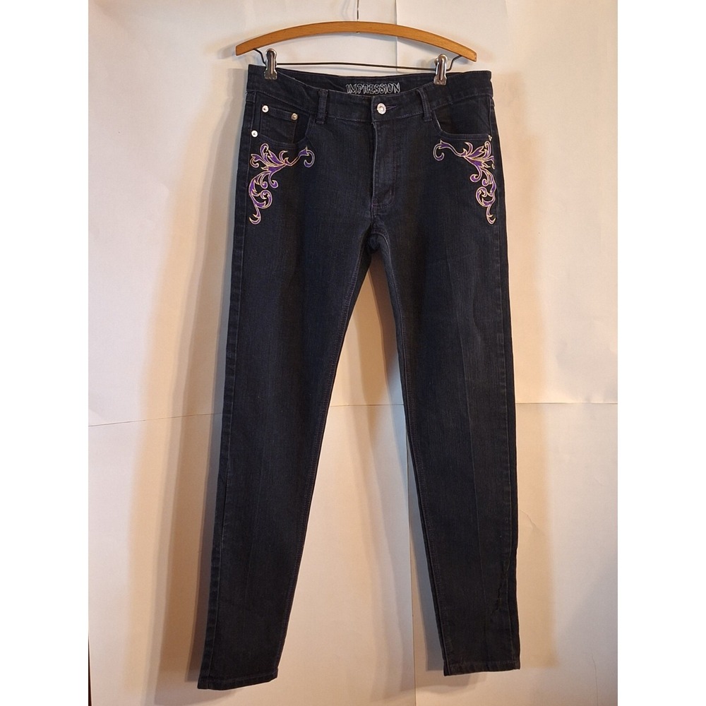 Impression Jeans Womens Size 13 Black Purple Denim Pants Embellished Embroidered